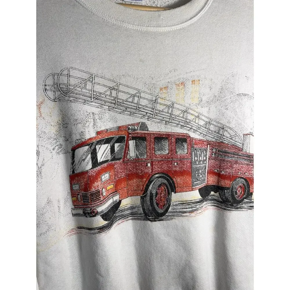 Vintage‎ Russell Fire Truck Sweatshirt XL USA Made White Graphic Crewneck